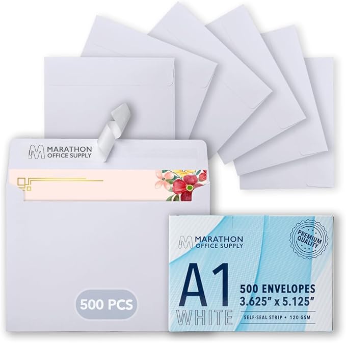 MOS A1 Invitation Envelopes – 3-5/8" x 5-1/8" White Mailing Envelopes Self Seal (500 Count) – 120GSM/ 32LB Bond Heavy Duty – Gift Card, Business, Wedding, Card