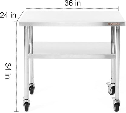 Stainless Steel Table for Prep & Work 36 x 24 Inches with Caster Wheels,Commercial Heavy Duty Metal Table with Undershelf for Home,Restaurant and Hotel Kitchen (36" x 24")