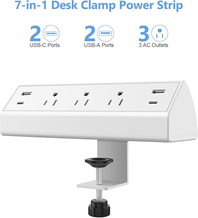 Desk Clamp Power Strip USB C,40W Fast Charging Station,2 PD 20W USB C Charger,Desk Edge Mount Power Strip 4 USB Ports 3 Widely Spaced Outlets Surge Protector,6ft Flat Plug,Fit 1.96" Tabletop Edge