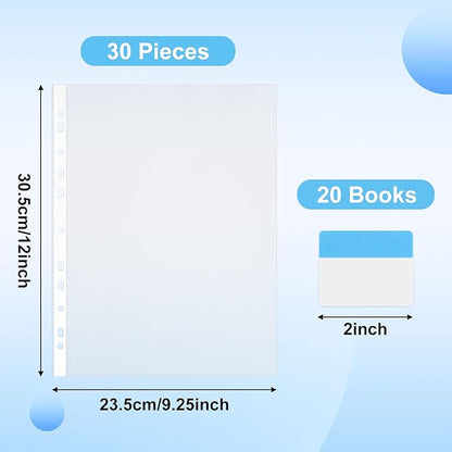30 Pack A4 Plastic Sleeves Binder Pocket Dividers with 400 Tabs, Reusable Clear Page Protectors Index Dividers for 2/3/4 Ring Binder, Clear Plastic Sheet Protectors