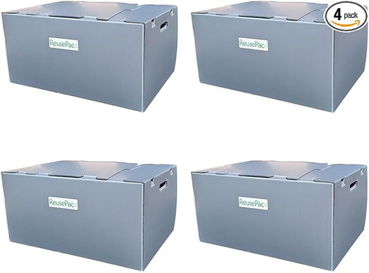 Reusable Foldable Box Corrugated PP Lightweight, Storage Moving, Heavy Duty Stackable, Tape Free Self-Locking Lid, Handles for Business Home In/Outdoors X-Large (Gray, 24x16x12 in)