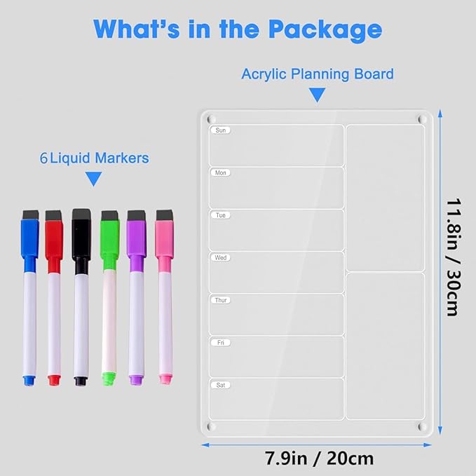 Acrylic Meal Planner Magnetic Menu Board for Kitchen Fridge, Clear Weekly Calendar Planning Board Refrigerator to Do/Grocery/Shopping List/Chore Chart, Magnetic Pen Holder and Eraser, 11.8 x 8’’