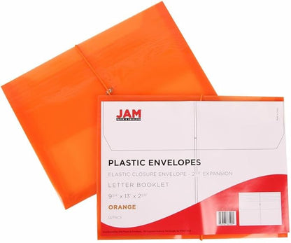 JAM PAPER Plastic Expansion Envelopes with Elastic Band Closure - Letter Booklet - 9 3/4 x 13 with 2.5 Inch Expansion - Orange - 3/Pack