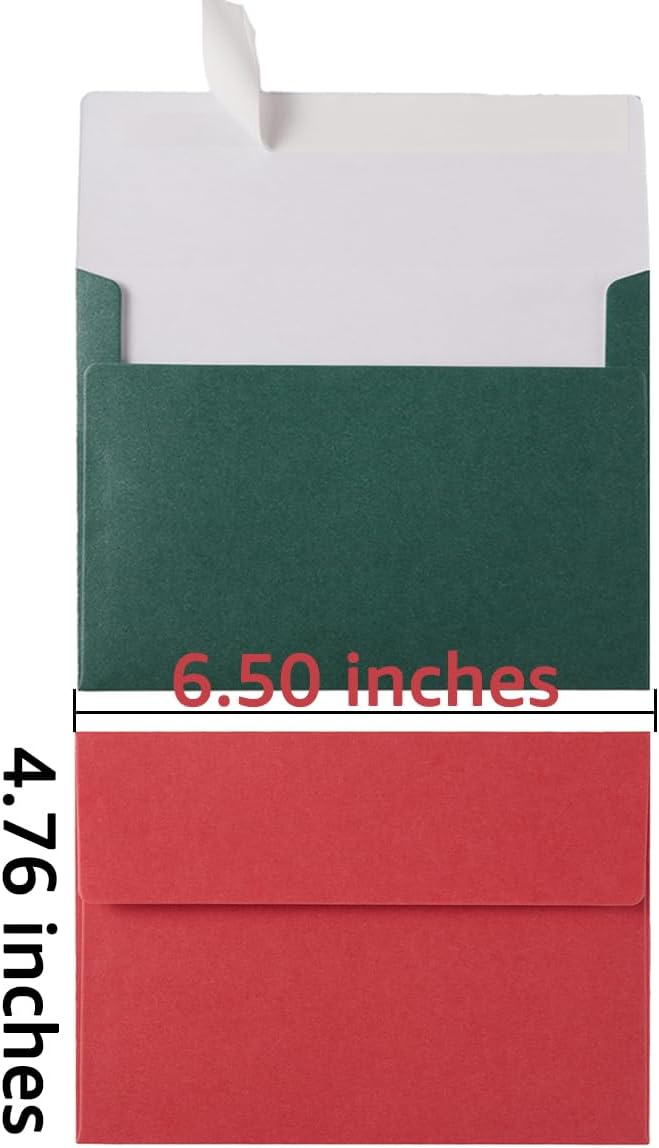 50 Pieces Christmas Metallic Color Self Seal Envelopes for Greeting Cards, Invitations, Postcards (Christmas Green/Red, 4x6)