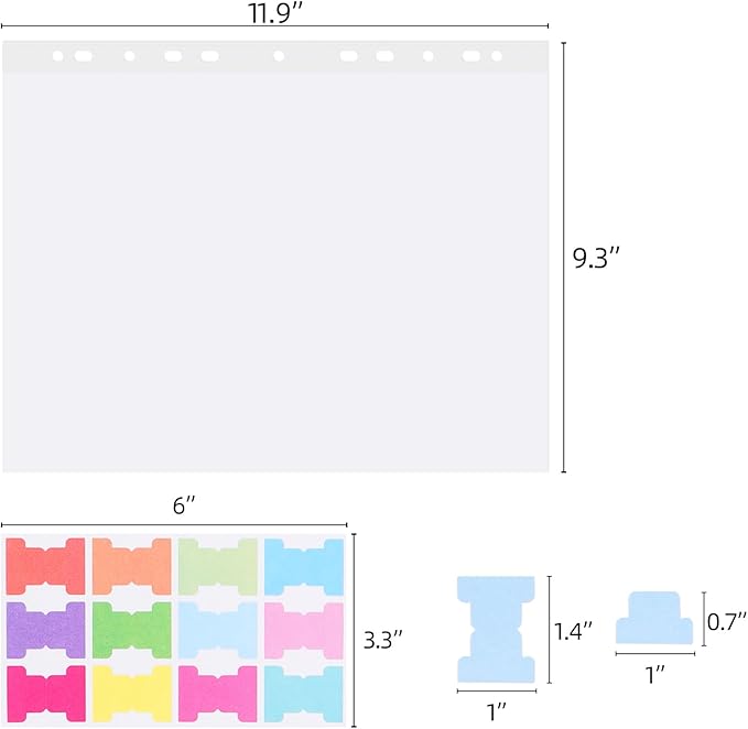 100 Pcs Sheet Protectors 12in*9in Clear Binder Sleeves with 9 Sheets Color Tabs for 2/3/4 Ring Binder(11 Hole)