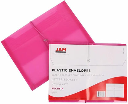 JAM PAPER Plastic Expansion Envelopes with Elastic Band Closure - Letter Booklet - 9 3/4 x 13 with 2.5 Inch Expansion - Pink - 3/Pack