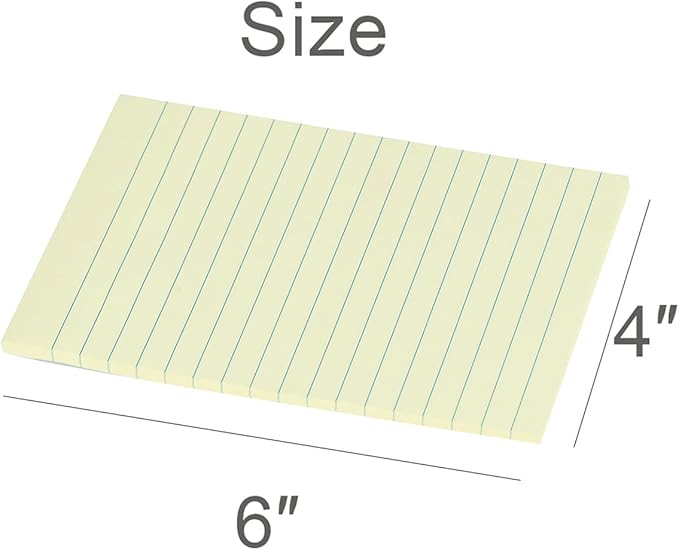 Vanpad Lined Sticky Notes 4X6 in Light Yellow Ruled Stickies Super Sticking Power Memo Pads Strong Adhesive, 6 Pads/Pack, 45 Sheets/pad