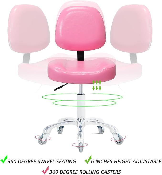 Vanity Rolling Chair Esthetician Shop Stool with Wheels,Ergonomic Lash Armless Office Chair, Desk Chair for Makeup Bedroom Classroom (Pink)