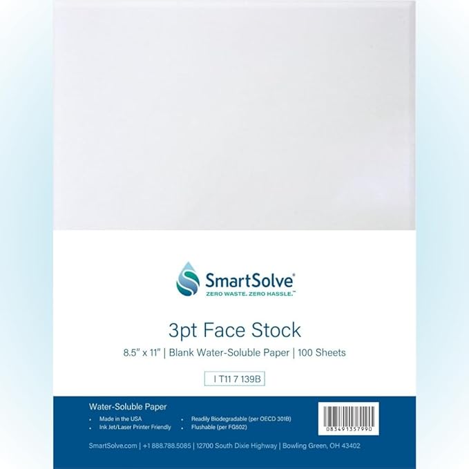 3 pt. Water-Soluble Paper | Dissolves Quickly in Water | Biodegradable | Eco-Friendly | Printer Compatible | Crafts, Drawing, Notes | Letter Size, 8.5” x 11” | Pack of 100 White Sheets