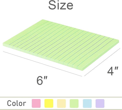 Lined Sticky Notes 4X6 in Pastel Ruled Post Stickies Colorful Super Sticking Memo Pads, 45 Sheets/pad, 6 Pads/Pack