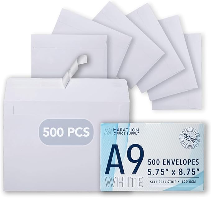 MOS A9 Invitation Envelopes – 5-3/4" x 8-3/4" White Mailing Envelopes Self Seal (500 Count) – 120GSM/ 32LB Bond Heavy Duty – For Greeting Cards, Card Making, RSVP Cards, Wedding Invites