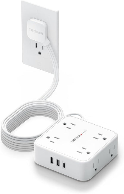 Extension Cord with Multiple Outlets, TESSAN 10 FT Surge Protector Power Strip Flat Plug, 8 AC Outlets, 900J 3 USB Ports (1 USB C), Desk Charging Station with Protection for Home, Office, Dorm Room