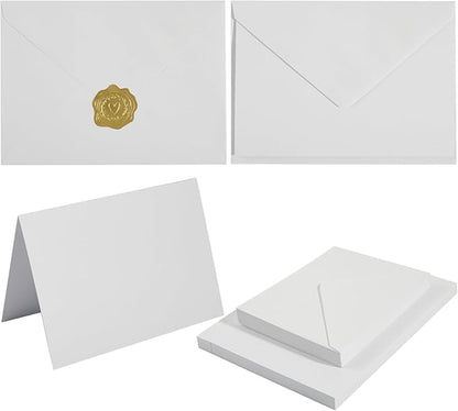 50 Pack White A6 Envelopes with Cards 4x6 Thick Folded Cardstock and Gold Stickers for Greeting Cards, Wedding, Birthday, Invitations, Baby Showers (White, 4x6)