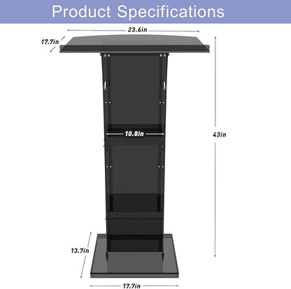 Acrylic Podium Stand with Storage Shelf,Black Lecterns & Podiums,Pulpits for Churches,Conference,Speeches,Weddings,Classroom,Concert,43" H Professional Presentation Podiums