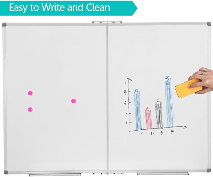 Foldable Magnetic 72"x 48" Extra Large Dry Erase Board with Pen Tray| Wall-Mounted Aluminum Message Presentation Whiteboard for Office, School