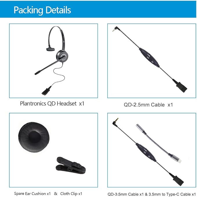 QD Headset with 3.5mm Jack&USB-C Adapter for PC,Cellphone,Tablet, 2.5mm Jack Compatible with Panasonic-Cisco-AT&T-Polycom-Grandstream IP Phones, etc., with Mute, Volume Control (Mono)