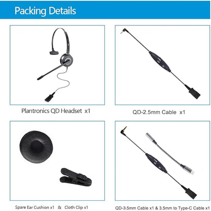 QD Headset with 3.5mm Jack&USB-C Adapter for PC,Cellphone,Tablet, 2.5mm Jack Compatible with Panasonic-Cisco-AT&T-Polycom-Grandstream IP Phones, etc., with Mute, Volume Control (Mono)