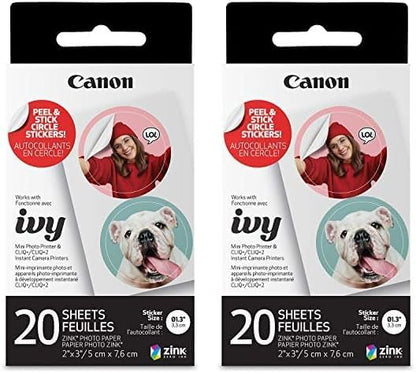 Canon IVY ZINK Pre-Cut Circle Sticker Paper, 20 Sheets (Pack of 2)