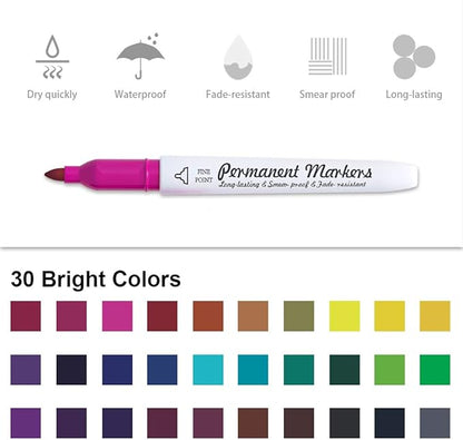 Lelix 30 Colors Permanent Markers, Fine Point, Assorted Colors, Works on Plastic,Wood,Stone,Metal and Glass for Kids Adult Coloring Doodling Marking