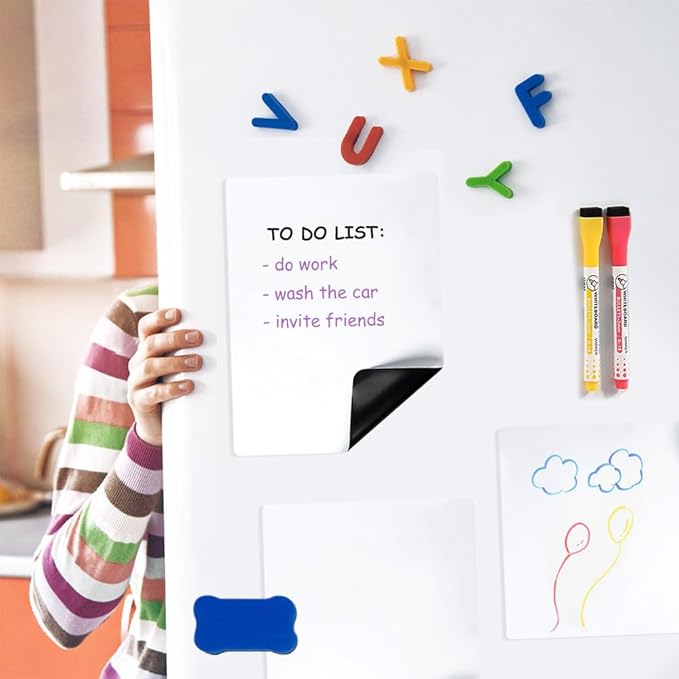 Magnetic Dry Erase Board Sheet for Fridge 4 PCS, 12"X8" Erasable Refrigerator Small Magnet WhiteBoard, Include 1 Eraser, 6 Markers