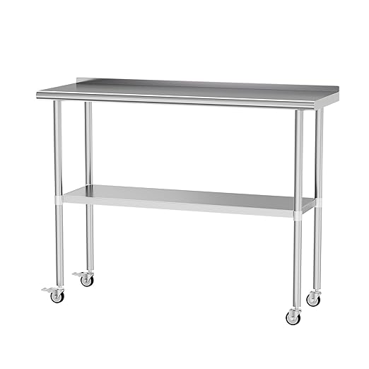 Stainless Steel Table with Wheels 18 x 48 Inches Metal Prep Table with Backsplash & Caster, Adjustable Undershelf for Commercial Kitchen, Outdoor, Restaurant, Hotel & Garage