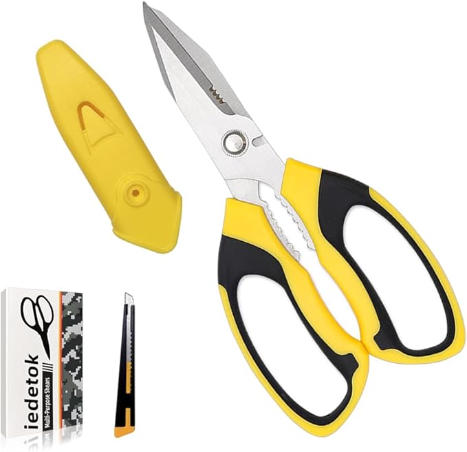 Utility Scissors Heavy Duty, Ultra Sharp Blade Shears with Protective Case, Multipurpose Stainless Steel Scissors For Cutting Cardboard, Fabric, Carpet, Leather, Wire (Yellow Set)