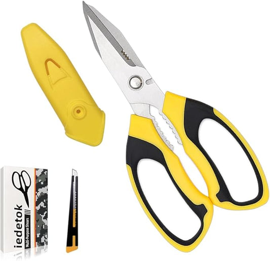 Utility Scissors Heavy Duty, Ultra Sharp Blade Shears with Protective Case, Multipurpose Stainless Steel Scissors For Cutting Cardboard, Fabric, Carpet, Leather, Wire (Yellow Set)