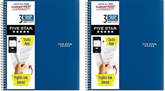 Five Star Spiral Notebook + Study App, 3 Subject, College Ruled Paper, Fights Ink Bleed, Water Resistant Cover, 8-1/2" x 11", 150 Sheets, Blue (73623) (Pack of 2)
