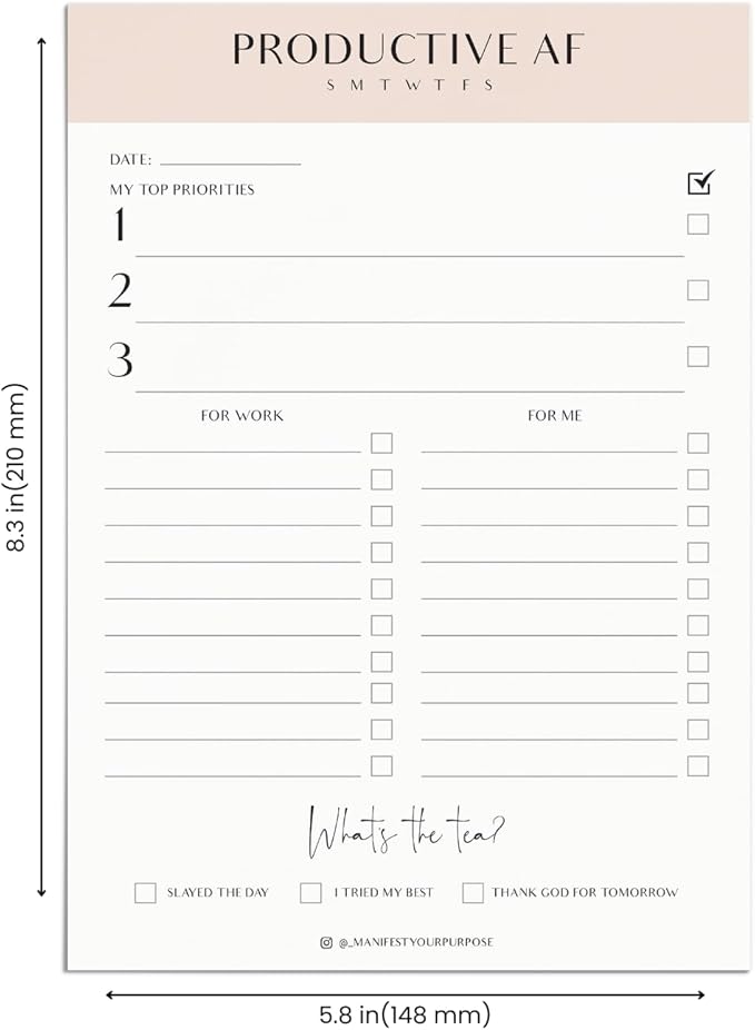 Productive AF Notepad, Daily Planner, Simple Pink Notepad, Organizer, To - Do Lists, Size A5, Undated Planner (50 Sheets),