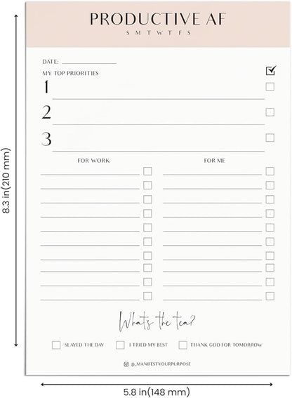 Productive AF Notepad, Daily Planner, Simple Pink Notepad, Organizer, To - Do Lists, Size A5, Undated Planner (50 Sheets),