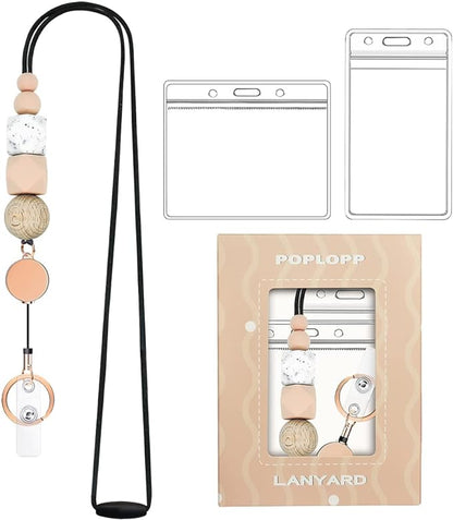 Retractable Lanyards for ID Badges and Keys, Cute Breakaway Teacher Lanyard with Badge Holders and Reels, Silicone Beaded Lanyard for Women, Nurses, Office with 2 Waterproof Card Holders