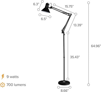 Bostitch Office VLF100F Swing Arm Metal Floor Lamp, 72" Tall with Multi-Joint Adjustment, Includes Replaceable LED Bulb (VLF), Black