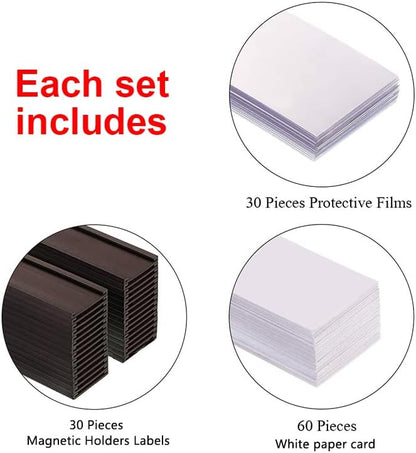 C Channel Magentic Label Holders 1x3 Inches with Paper Inserts and Clear Plastic Protectors, Pack of 30, Magnetic Data Card Holders File Cabinet Labels