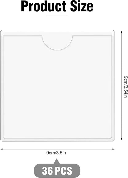 36 Pack Adhesive 3.5" x 3.5" Index Card Pockets with Top Open for Loading, Clear Plastic Labels Holders for Storage Bins Library Card Totes Shelves
