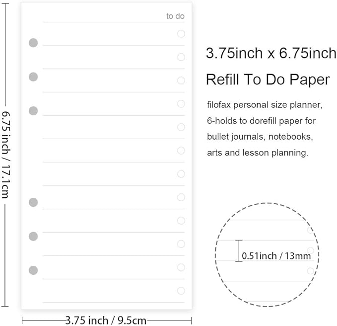 A6 To Do List Refills for Filofax Personal Size Planner/Binder, 6 Hole Punched, 100 Sheets/200 Pages, To Do Planner with Check List Organizing, 100gsm, White, 3.74 x 6.73 Inch