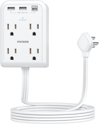 Flat Electrical Outlet Extender with USB C Ports, 4 Outlet 3 USB Wall Plug, 6 ft Thin Extension Cord, Flat Plug Power Strip Surge Protector for Home, Office. White