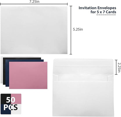 50 Packs 5x7 Envelopes,White A7 Envelopes,5x7 Envelopes for Invitations,Envelopes Self Seal for Weddings,Greeting Cards, Mailing, Invitations, Photos, Postcards，Printable Invitation Envelopes