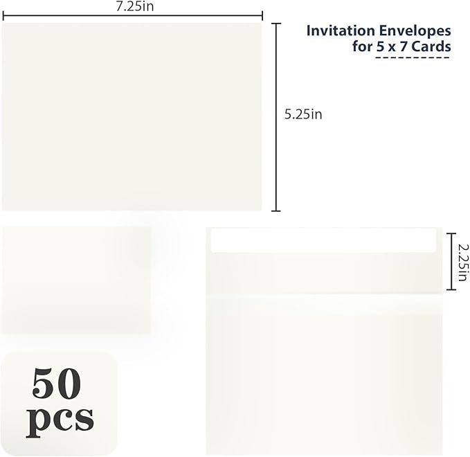 50 sets of A7 envelopes, 5x7 envelopes, 5x7 invitation envelopes, printable invitation envelopes, photos, postcards, greeting cards, Mail, Wedding self-sealing Envelopes (cream)