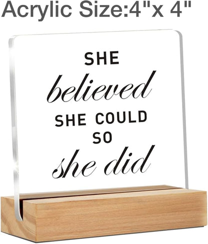 Congratulations Gifts for Women, She Believed She Could So She Did DeskClear Decorative Acrylic Sign With Wooden Stand for Desk Table Shelf