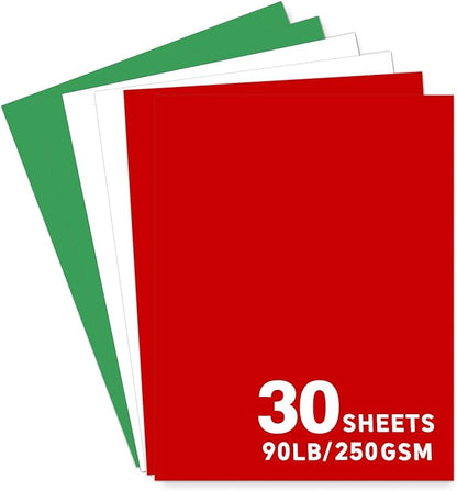 30Sheets Christmas Cardstock Paper 8.5×11 in, 230gsm/80lb Thick Card stock，Printer Paper, Party Decors，Paper Craft, School Suppliesred (red green white)