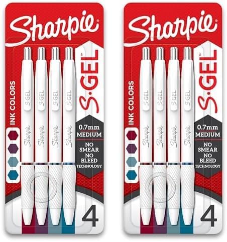 SHARPIE S-Gel Pens, Fashion Barrel Gel Pens, Pearl White Body, Medium (0.7mm) Point, Bold Jewel Color Assortment, 4 Count (Pack of 2)