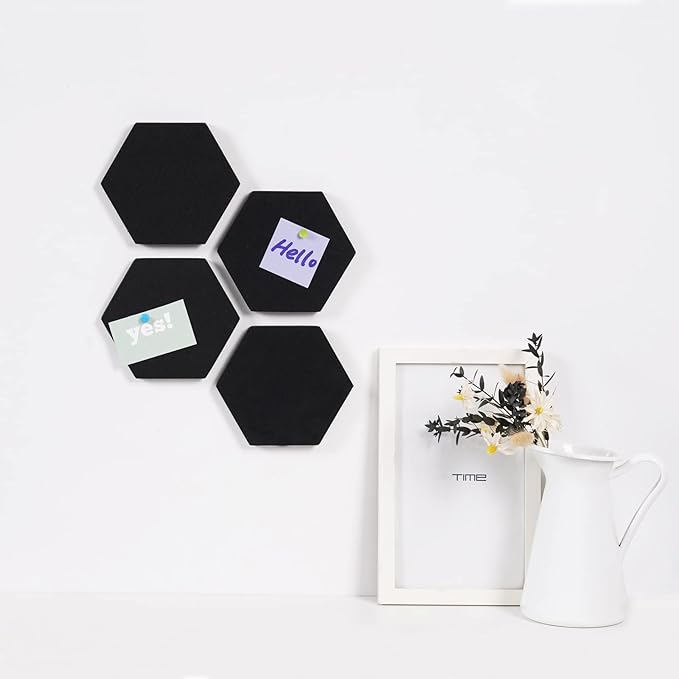 LAJAR 8 Pcs Hexagon Felt Bulletin Board Tiles, Self Adhesive Felt Pin Board Wall Tiles for Photos, Pictures, Memos (Black)