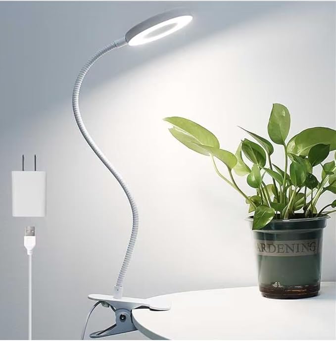 Desk Clip on Lamp for Reading Home Office, with 5V 2A Adapter, 10 Dimmable Brightness 3 Modes, Clamp Reading Light for Bed Headboard, Craft (White)…