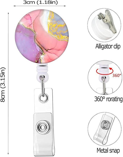 Retractable Badge Reel Clip, Badge Holder with Alligator Clip, Cute Badge Clip on ID Name Card Holders for Nurse Doctor and Office (3Pack Marble Golden Blue Pink)