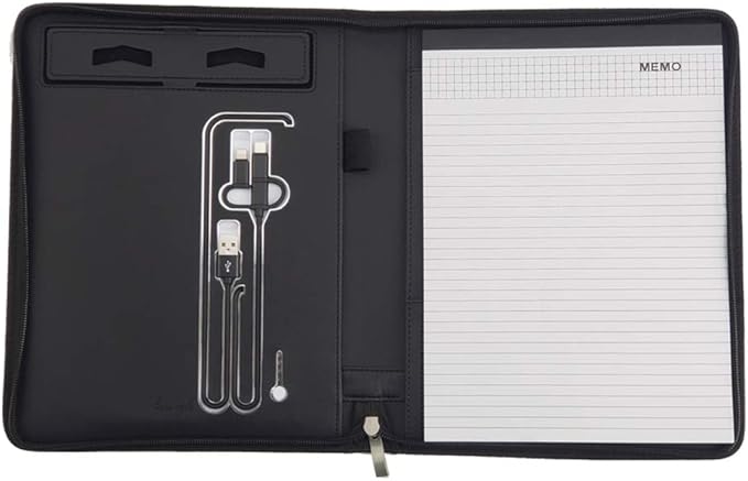 Phone Charging Business & Travel Portfolio w/Built-in Power Bank- Zipper Closure & Refillable Pad- Professional Organizer Padfolio That Charges Phones/Tablets on The Go (Black)