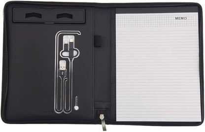 Phone Charging Business & Travel Portfolio w/Built-in Power Bank- Zipper Closure & Refillable Pad- Professional Organizer Padfolio That Charges Phones/Tablets on The Go (Black)