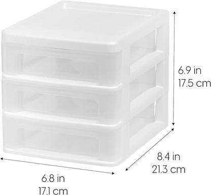 IRIS USA Plastic Stacking Desk Top 3-Drawer Storage Organizer, 4-Pack, for Makep Vanity Nail Polish Bathroom Stationery Art Craft Supplies Kitchen Office Garage and Small Organization, Small, White