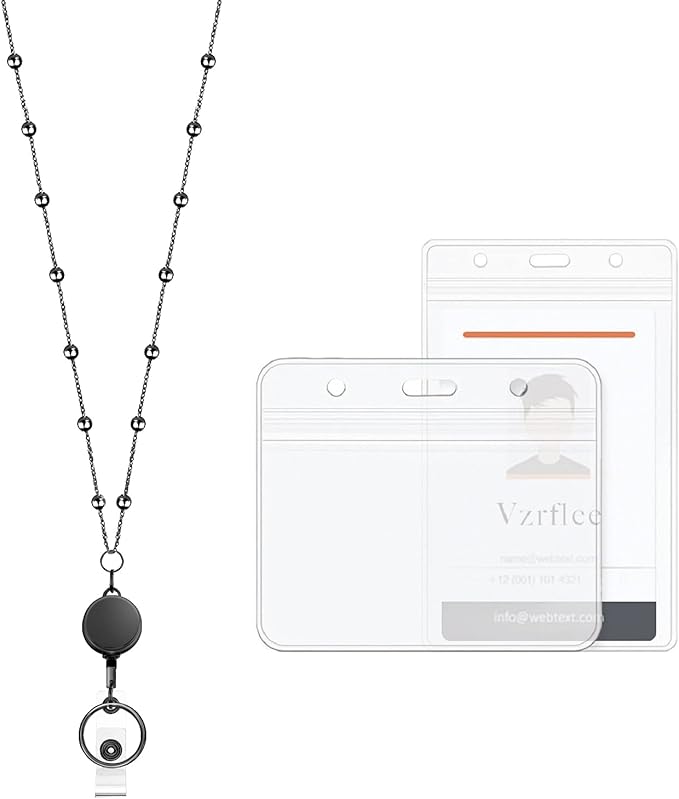 Retractable Badge Reel Lanyard with 2 Pieces ID Holder for Women, Fashion Beaded Chain Premium Stainless Steel Lanyard Necklace Water Resistant Name Badge Holder (Black)