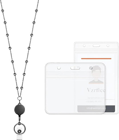 Retractable Badge Reel Lanyard with 2 Pieces ID Holder for Women, Fashion Beaded Chain Premium Stainless Steel Lanyard Necklace Water Resistant Name Badge Holder (Black)