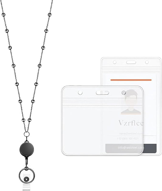 Retractable Badge Reel Lanyard with 2 Pieces ID Holder for Women, Fashion Beaded Chain Premium Stainless Steel Lanyard Necklace Water Resistant Name Badge Holder (Black)